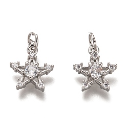 Платина Латунные микропаве прозрачные кубические циркониевые подвески, без кадмия и без свинца, долговечный, звезда, платина, 12.5x11x3 мм, отверстие : 3 мм