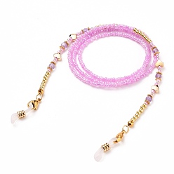 Pink Eyeglasses Chains, Neck Strap for Eyeglasses, with Glass Seed Beads, Gemstones Beads, Alloy & Brass Beads, 304 Stainless Steel Lobster Claw Clasps and Rubber Loop Ends, Pink, 28.54 inch(72.5cm)