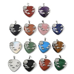 Смешанные камни Подвески в форме сердца из смешанных натуральных и синтетических камней, латунные цветочные обертки для любви, платина, смешанные окрашенные и неокрашенные, 35x32x11.5 мм, отверстие : 8x5 мм