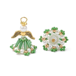 Зеленый лайм Стеклянные подвески, ангел, с акриловыми и пластиковыми бусинами, имитирующими жемчуг, железной петлей и сплавом, зеленый лайм, 27.5x21.5 мм, отверстие : 3 мм
