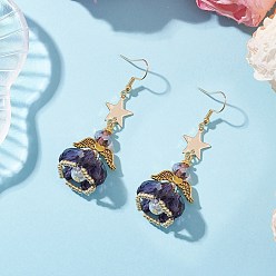 Фиолетовый Ангел-звезда ручной работы из стеклянных бусин и стеклянных подвесных сережек для женщин, 304 серьги нержавеющей стали, золотые, фиолетовые, 60x21 мм