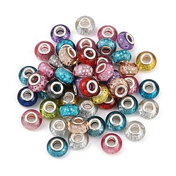 Mixed Color 50Pcs Resin European Beads, Large Hole Beads, with Silver Color Plated Brass Cores, Rondelle, Mixed Color, 14x9~9.5mm, Hole: 5mm