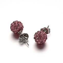 Свет Аметист Полимерная глина горный хрусталь мяч серьги, с выводами серьги из нержавеющей стали, цвет нержавеющей стали, светлый аметист, 10 мм, штифты : 0.8 мм