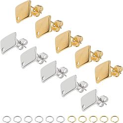Golden & Stainless Steel Color 304 Stainless Steel Stud Earring Findings, with Loop and Ear Nut, Rhombus, Golden & Stainless Steel Color, 13.5x13.5x2mm, Hole: 1.5mm, Pin: 0.8mm