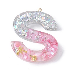 Letter S Подвески из смолы, с ракушкой, пайетками и петлей из сплава глодена, буква а~б, Письмо с, 42~44x11.5~57x7.5~8.5 мм, отверстие : 2 мм