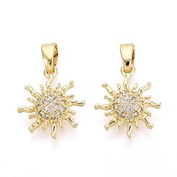Настоящее золото 16K Латунные микропаве прозрачные подвески с фианитом, солнечные чары, реальный 16 k позолоченный, 14.5x12.5x2.5~3 мм, отверстие : 5x2 мм