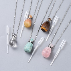 Нержавеющая Сталь Цвет Подвески для бутылочек для духи ручной работы, бутылка эфирного масла, с золотым песком, калабаш с листом, цвет нержавеющей стали, 20.2 дюйм ~ 20.4 дюйм (51.2~51.8 см), емкость бутылки: 0.15~0.3 мл (0.005~0.01 жидких унций)