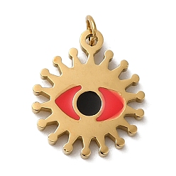 Red 304 Stainless Steel Charms, with Enamel and Jump Ring, Real 14K Gold Plated, Sun with Eye Charm, Red, 11.8x10x1.1mm, Hole: 1.4mm
