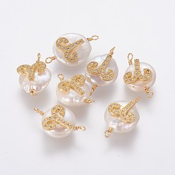 Aries Natural Pearl Links connectors, with Brass Micro Pave Cubic Zirconia Findings, Flat Round with Constellation, Golden, Clear, Aries, 20~26x9~17x5~11mm, Hole: 1.6mm