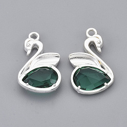 Silver Eco-Friendly Alloy Glass Pendants, Faceted, Nickel Free, Swan, Teal, Silver Color Plated, 20x12.5x4mm, Hole: 1.5mm