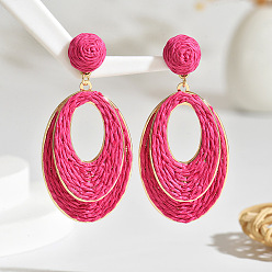 Темно-Розовый Овальные серьги-гвоздики из рафии, золотые, темно-розовыми, 70x34 мм