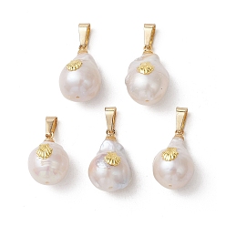 Золотой Подвески из натурального барочного жемчуга кеши, Подвески в форме капли с огранкой из сплава ракушек и 304 защелкивающимися креплениями из нержавеющей стали., цветочный белый, золотые, 15~20x11~12 мм, отверстие : 2.7x5.7 мм