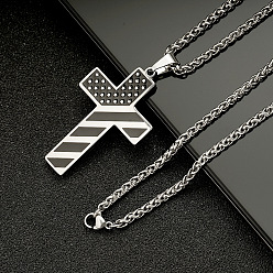 Нержавеющая Сталь Цвет 201 Подвеска в виде черного американского флага с эмалированным крестом, цепочка с пшеничным колосом, из нержавеющей стали, цвет нержавеющей стали, 23.62 дюйм (60 см)