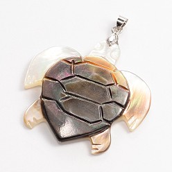Black Lip Shell Turtle Black Lip Shell Pendants, with Platinum Plated Brass Finding, 39x40x4mm, Hole: 5x3mm