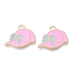 Pearl Pink Alloy Enamel Pendants, Baseball Cap & Bowknot Charms, Light Gold, Pearl Pink, 16x19x1mm, Hole: 1.6mm