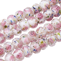 Blanc 1 Perles de verre filées au sable doré, faites à la main, en brins, fleur intérieure, facettes rondelle, blanc, 9~10x7~8mm, Trou: 1.5~2mm, Environ 60 pcs/chapelet, 17.3 pouce