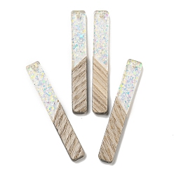 Прозрачный Деревянные подвески, смола и золотая фольга, прямоугольные, прозрачные, 52x7.5x4 мм, отверстие : 2 мм