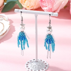 Темно-Голубой Серьги-подвески из стеклянных бусин ручной работы, со стеклянной имитацией жемчуга, человек, старинное серебро и платина, глубокое синее небо, 75x16 мм