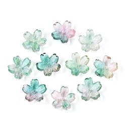 Средний Морско-зеленый Расписные прозрачные стеклянные шапочки для запекания, 5-лепестков цветка, с блеском порошок, средний морской зеленый, 12~12.5x4.5~5 мм, отверстие : 1.2~1.4 мм, Около 1750 шт / 1000 г