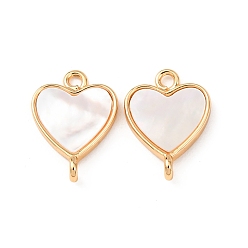 Сердце Соединительные подвески из латуни и натуральной белой ракушки, реальный 18 k позолоченный, цвет морской раковины, сердце, 13x9.5x1.5 мм, отверстие : 1.2 мм