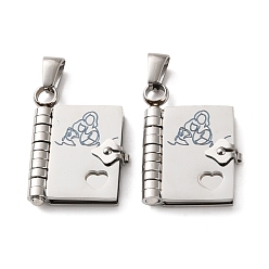 Stainless Steel Color 304 Stainless Steel Pendants, Book with Mom & Child Charms, Polished, Stainless Steel Color, 25x18x4.5mm, Hole: 5.5x2.5mm
