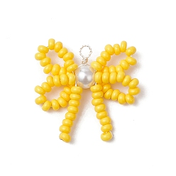 Желтый Подвески из стеклянного бисера ручной работы, подвески-бантики со стеклянным жемчугом и петлями из медной проволоки, серебряный цвет гальваническим, желтые, 25.5x29.5x6.5 мм, отверстие : 2.5 мм
