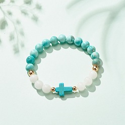Turquoise Natural White Jade & Howlite & Synthetic Turquoise(Dyed) Stretch Bracelet with Cross, Gemstone Jewelry for Women, Turquoise(Dyed), Inner Diameter: 2-1/8 inch(5.3cm)