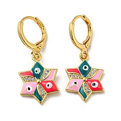 Pearl Pink Golden Brass Dangle Leverback Earrings, with Enamel and Cubic Zirconia, Evil Eye, Pearl Pink, 30.5x13mm