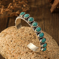 Бирюза Женские браслеты-манжеты из овального сплава с синтетическими бирюзовыми бусинами в стиле бохо, античное серебро, бирюзовые, внутренний диаметр: 2-1/2 дюйм (6.5 см)