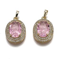 Pink Позолоченная латунь с микропаве из прозрачного кубического циркония, со стеклом, с кнопкой на поруки, долговечный, овальные, розовые, 22.5x16x7 мм, отверстие : 3x5 мм
