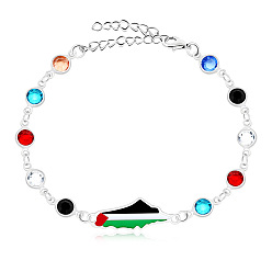 Нержавеющая Сталь Цвет Карта Палестины 304 Браслеты из нержавеющей стали с эмалированными звеньями, плоские круглые браслеты-цепочки с кубическим цирконием для женщин, цвет нержавеющей стали, 7.28 дюйм (18.5 см)