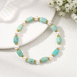 Amazonite Natural Amazonite & Shell Pearl & Brass Beads Stretch Bracelets for Women, Barrel, Golden, Inner Diameter: 2.05 inch(5.2cm)