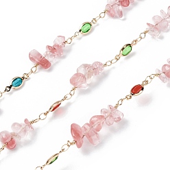Вишневый Кварц Латунные цепные цепи, со стеклянными и синтетическими бусинами из вишневого кварца, долговечный, пайки, золотые, с катушкой, 13.5x5x2.5 мм, около 16.40 футов (5 м) / рулон