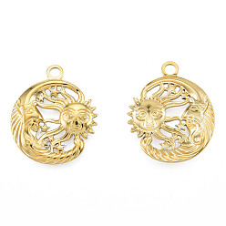 Настоящее золото 18K Ионное покрытие (ip) 201 подвески из нержавеющей стали, луна с солнцем, реальный 18 k позолоченный, 23.5x20x2.5 мм, отверстие : 2 мм