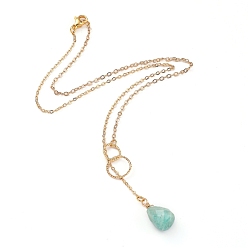 Amazonite teardrop, Natural Amazonite Pendants Necklaces, with Brass Linking Rings & Cable Chains, 304 Stainless Steel Lobster Claw Clasps, 17.52~17.72 inch(44.5~45cm), 2mm
