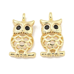 Настоящее золото 18K Латунные микропаве из черного кубического циркония, без кадмия, без никеля и без свинца, очарование совы, реальный 18 k позолоченный, 13x7x3 мм, отверстие : 1 мм