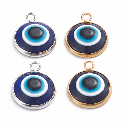 Mixed Color Resin Pendants, with 304 Stainlesss Steel Settings, Evil Eye, Black & Blue, Mixed Color, 19.5x16x5.5mm, Hole: 2.4mm