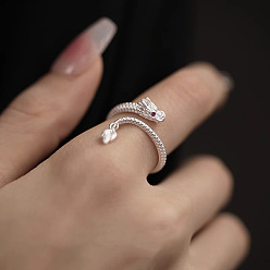 Серебро Дракон 990 кольца-манжеты из стерлингового серебра, регулируемые открытые кольца для женщин, серебряные, внутренний диаметр: регулируемый