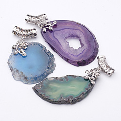 Mixed Color Natural Agate Slices Pendants, Mixed Agate Slabs Charms, with Brass Findings, Dyed, Platinum, Mixed Color, 50~70x30~56x5mm, Hole: 6x5mm