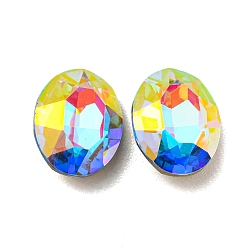 Aquamarine AB Glass Rhinestone Cabochons, Point Back & Back Plated, Faceted, Oval, Aquamarine AB, 10x8x4mm