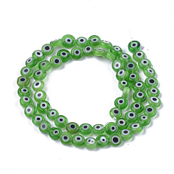 Green Handmade Evil Eye Lampwork Beads Strands, Flat Round, Green, 6x2.5mm, Hole: 1mm, about 64~65pcs/strand, 14.1 inch~14.5 inch