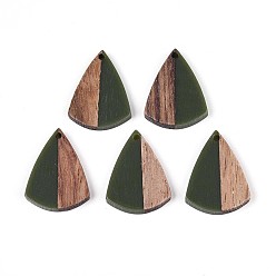 Темно-оливково-зеленый Подвески из смолы и ореха, слеза, темно-оливковый зеленый, 25.1x18.9x3.4 мм, отверстие : 1.6 мм