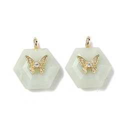 Flower Amazonite Граненые подвески из натурального цветка амазонита, Шестиугольные подвески с латунной паве из прозрачных кубических цирконий в форме бабочки, реальный 18 k позолоченный, долговечный, стойки покрытие, 22x19x10 мм, отверстие : 3.5x2 мм