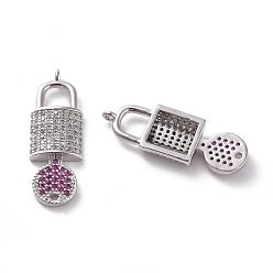 Платина Соединители из латуни с микропаве и кубическим цирконием, Замок и ключ, очистить и фуксия, платина, 26.2x9x3.2 мм, отверстие : 0.7 мм