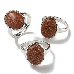 Камень с Пылевым Золотом Овальные регулируемые кольца из синтетического золота с камнями, без свинца и без кадмия, посеребренные латунные перстни для женщин и мужчин, овальный : 18x14 mm, внутренний диаметр: 18 мм