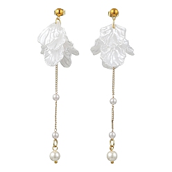 Golden Acrylic Pearl Petal & Shell Pearl Bead Stud Dangle Earrings, with Brass Findings, Golden, 93mm