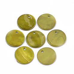 Темный Хаки Подвески из пресноводных оболочек, окрашеные, плоско-круглые, Темный хаки, 16x1.5~2 мм, отверстие : 1 мм