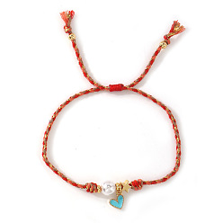 Темно-Голубой Браслеты ручной работы с подвесками в виде сердечек из латуни с эмалью., Браслеты из плетеного шнура с бусинами для женщин, с пластиковой имитационной жемчужиной, глубокое синее небо, 11.02 дюйм (28 см)