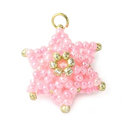Ярко-Розовый Бисер бисерные подвески, звезды кулоны, с золотыми 304 кольцами из нержавеющей стали, ярко-розовый, 20x18x11.5 мм