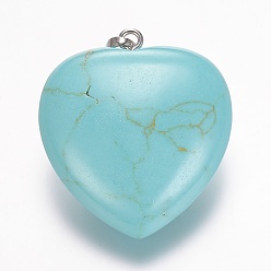 Синтетическая Бирюза Окрашенные и синтетические подвески из бирюзового драгоценного камня, сердце, платина, 32.5~34x30x12 мм, отверстие : 5x8 мм